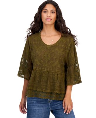 Women's 3/4-Length Bell Sleeves Scoop Neck Lace Blouse
