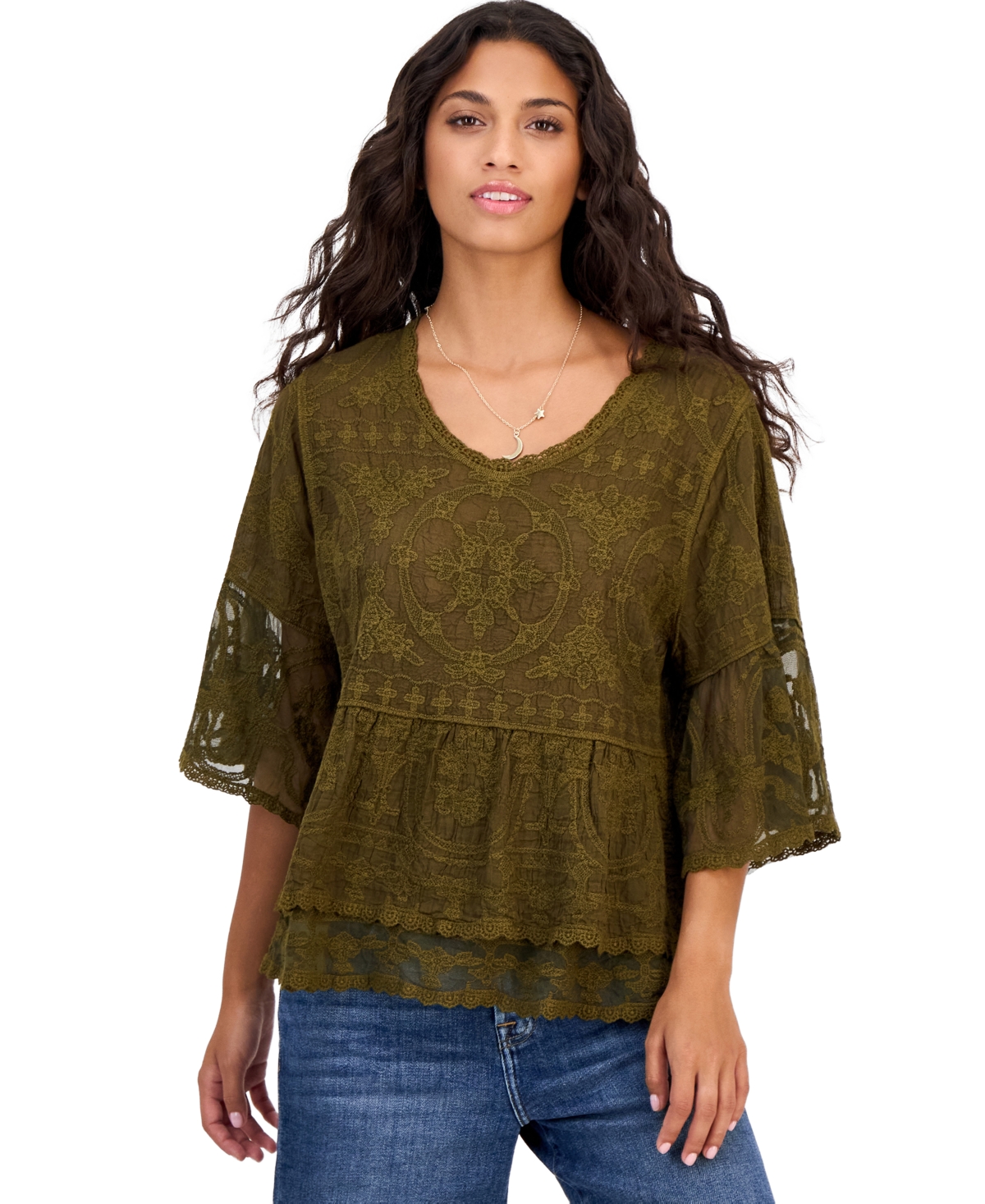 Democracy Women's 3/4-length Bell Sleeves Scoop Neck Lace Blouse In Jungle Moss