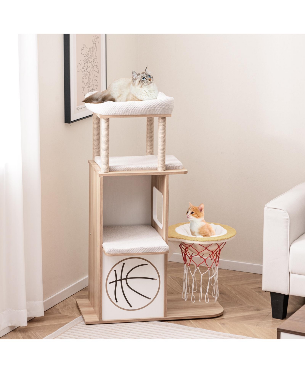 Zeny 47 Inch Wooden Cat Tree with 2-Story Condo, Hammock and Perch
