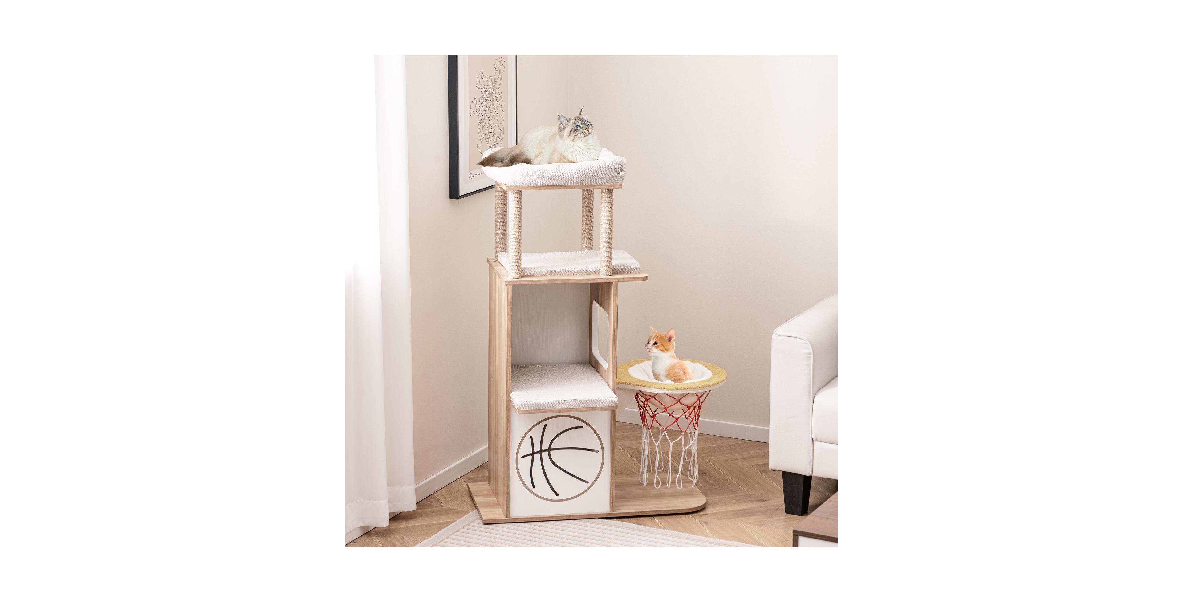 Zeny 47 Inch Wooden Cat Tree with 2-Story Condo, Hammock and Perch