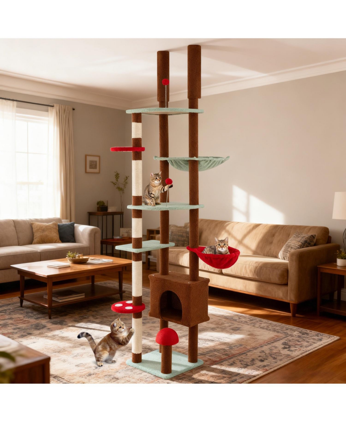 Zeny Floor to Ceiling Mushroom Cat Tree with Condo and Hammock