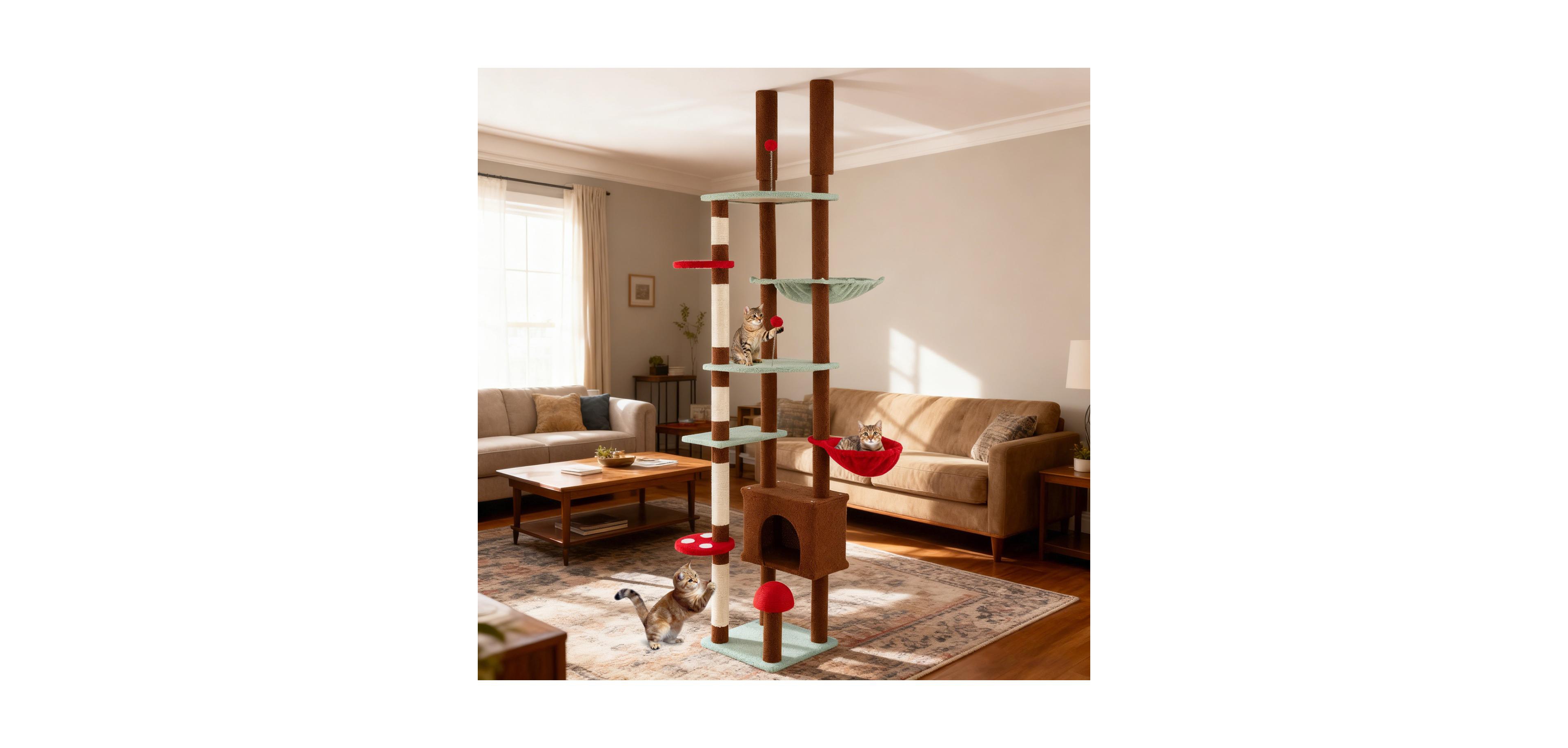 Zeny Floor to Ceiling Mushroom Cat Tree with Condo and Hammock