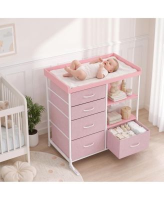 Baby Changing Table Dresser with 5 Fabric Drawers, Diaper Changing Station with Storage, Modern Nursery Dresser for Bedroom