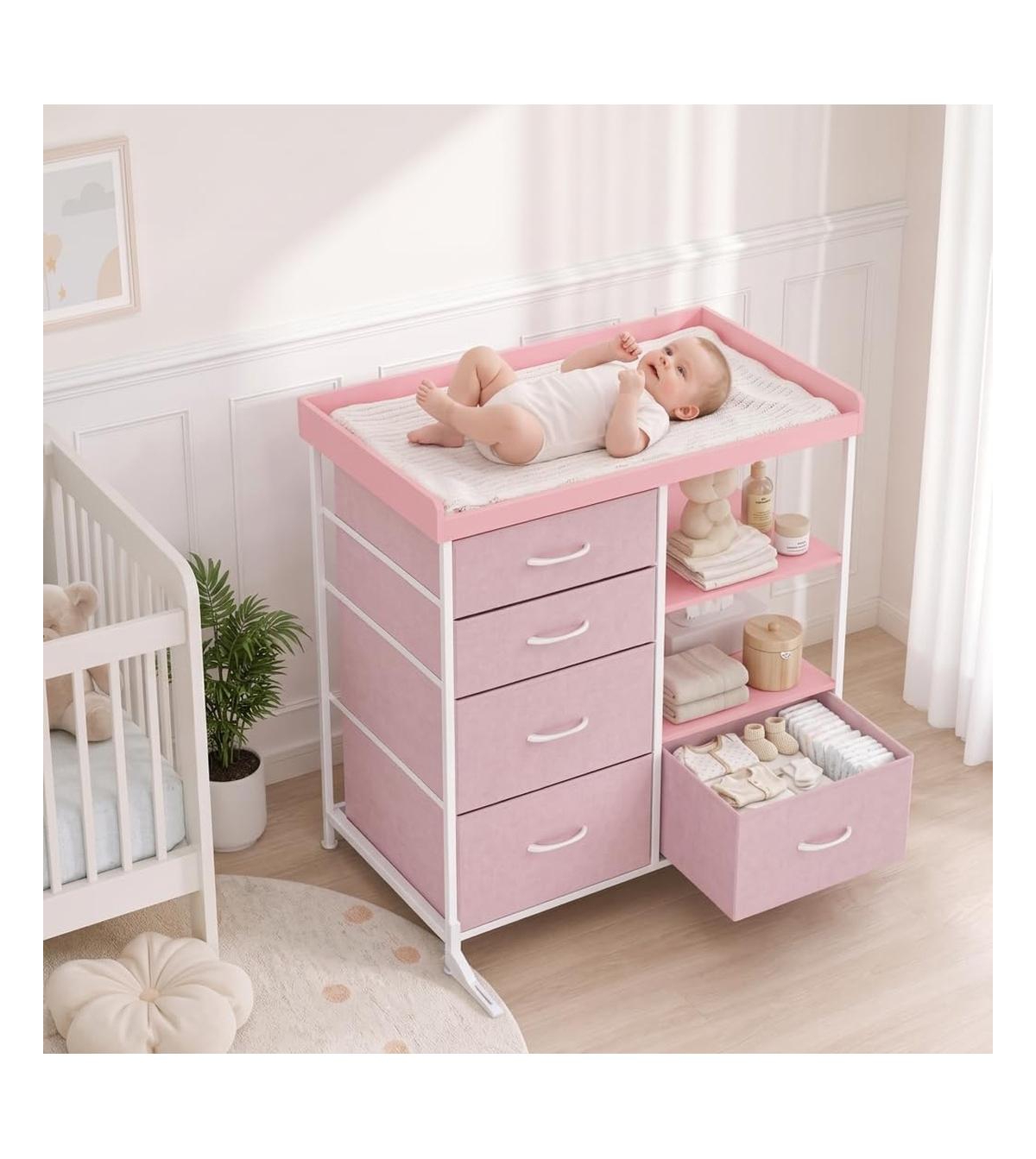 homfan Baby Changing Table Dresser with 5 Fabric Drawers, Diaper Changing Station with Storage, Modern Nursery Dresser for Bedroom - Pink