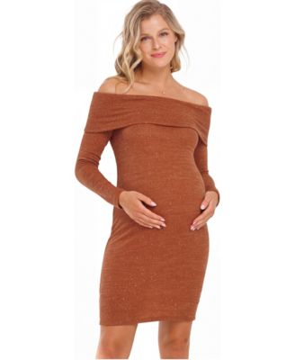 Maternity Off-the-Shoulder Sequin-Glitter Long-Sleeve Mini Dress