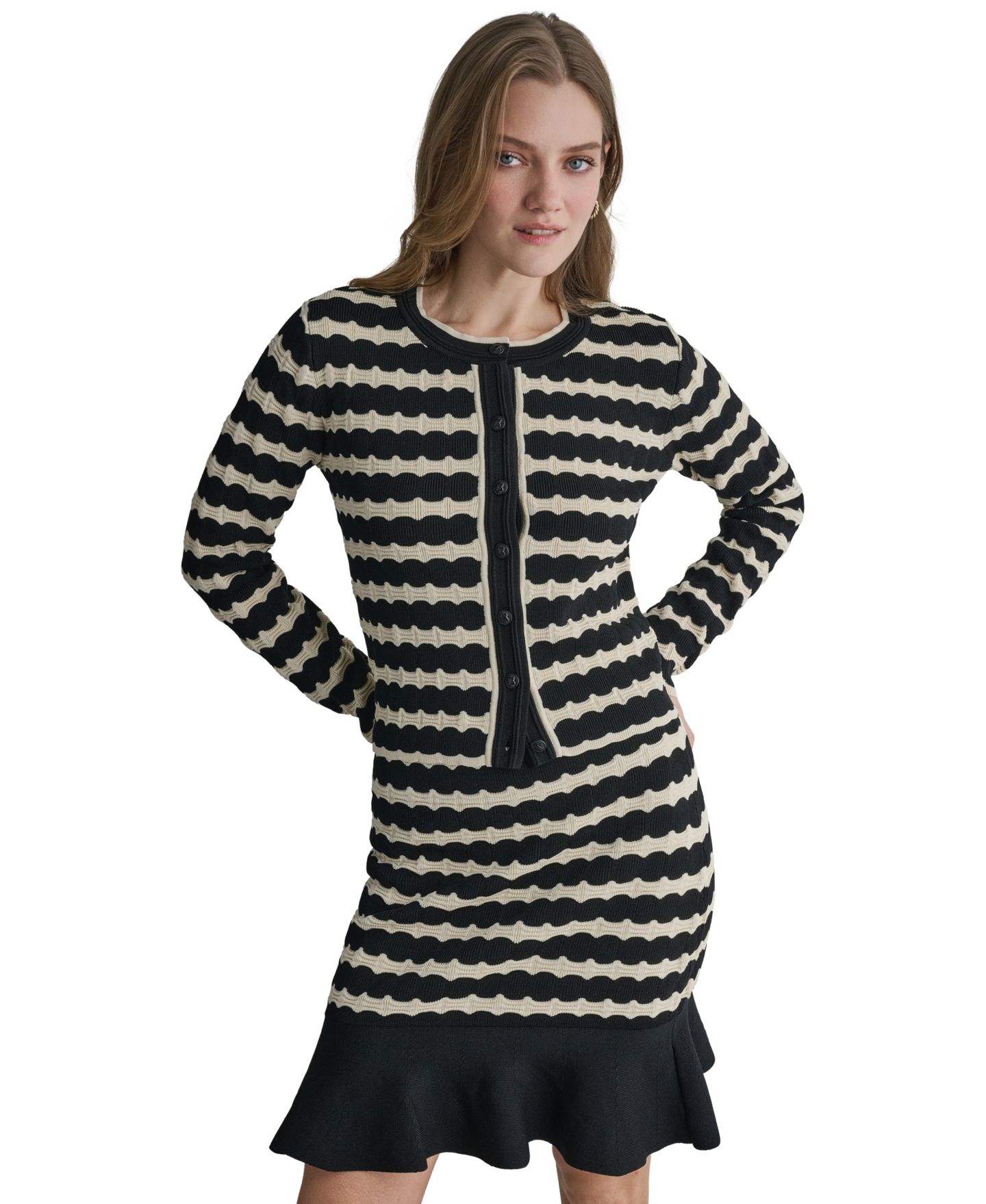 Женский кардиган BCBG Striped Crew Neck Cardigan, цвет: Чёрный — фото 2