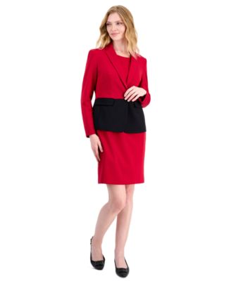 Petite Colorblocked One Button Peplum Empire Seamed Jacket and Dress, 2-Piece Set