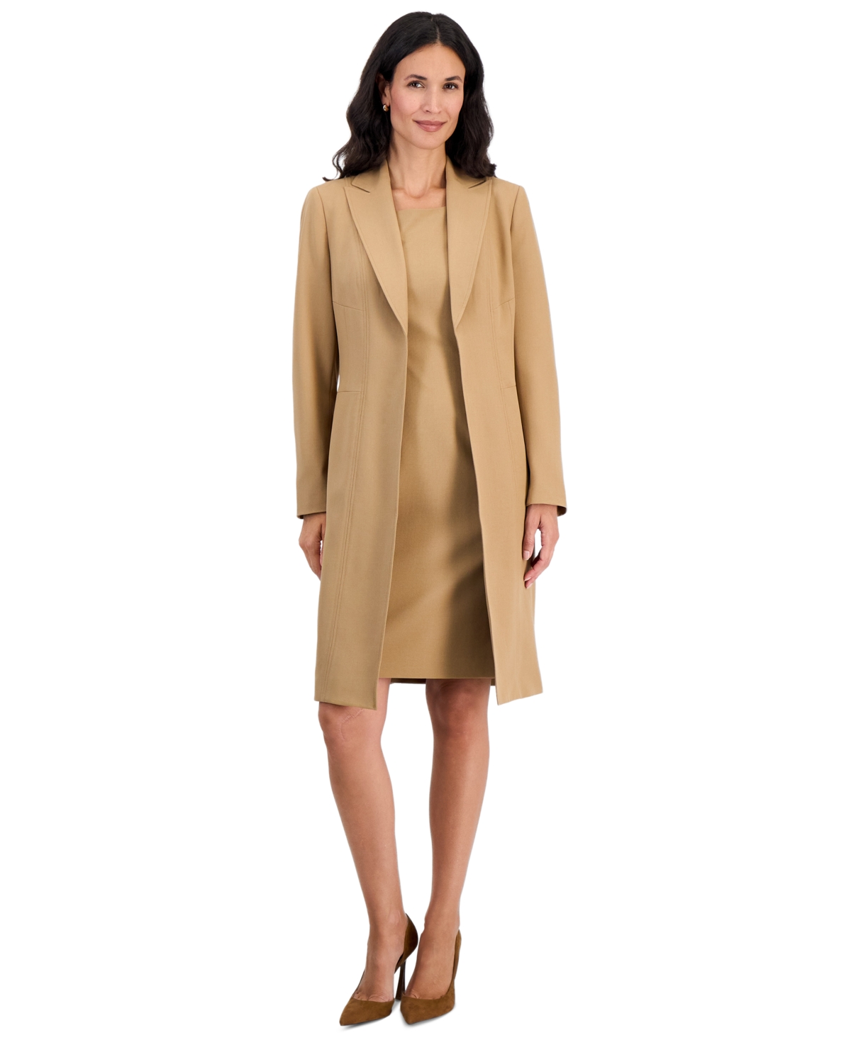 Le Suit Petite Peak Lapel Topper and Basic Sheath Dress Topper and Sheath Dress, 2-Piece Set - Camel