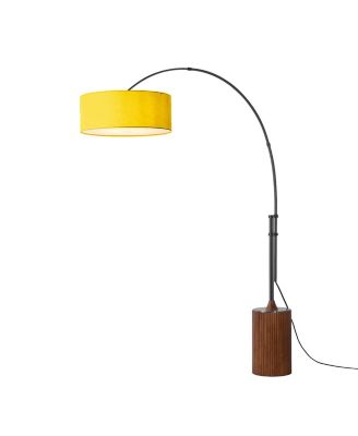 Tambo Adjustable Arc Lamp - Nickel, Walnut Wood Base, Drum Mustard Linen Shade, Dimmable