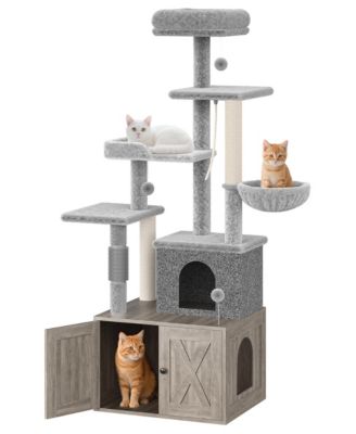 2-in-1 Cat Tree with Hidden Litter Box Enclosure, Modern Wooden Cat Tower, Multi-Level Condo, Hammock and Top Perch, Scratching Posts