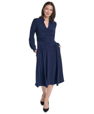 Women's A-Line Ruched Waistband Shirt Collar Midi Dress
