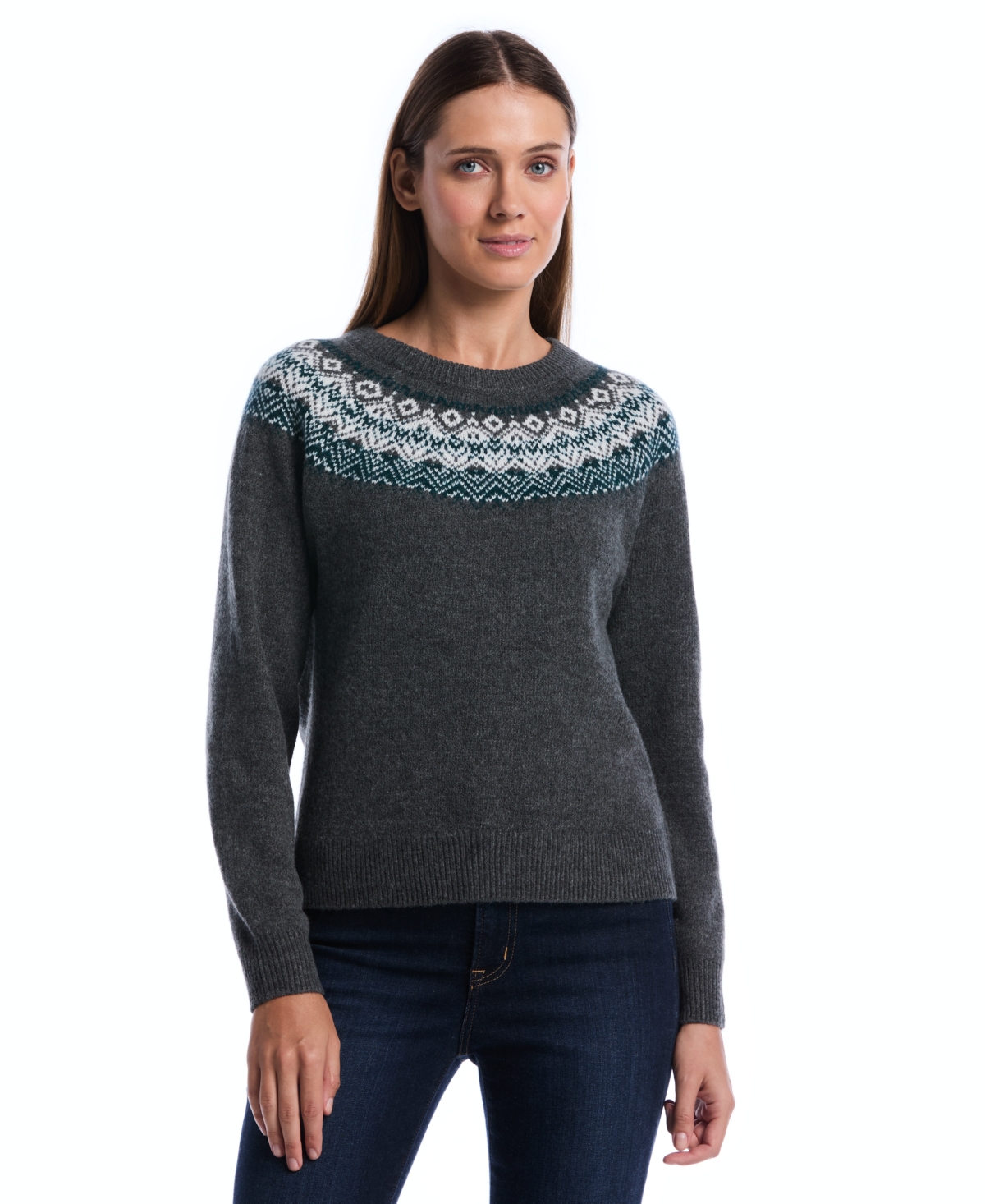 Rafaella Women's Petite Fair Isle Crew Neck Sweater Top in Charcoal, Size XLP, 100% Polyester