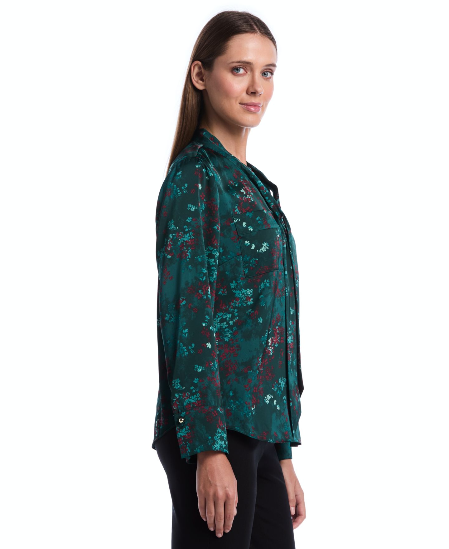 Женская блузка Rafaella Petite Long-Sleeve Floral-Print V-Neck, цвет: Сосновый — фото 3