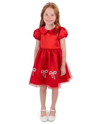 Girls' 2T-6x Satin Bodice Mesh Skirt Puff-Sleeve Dress