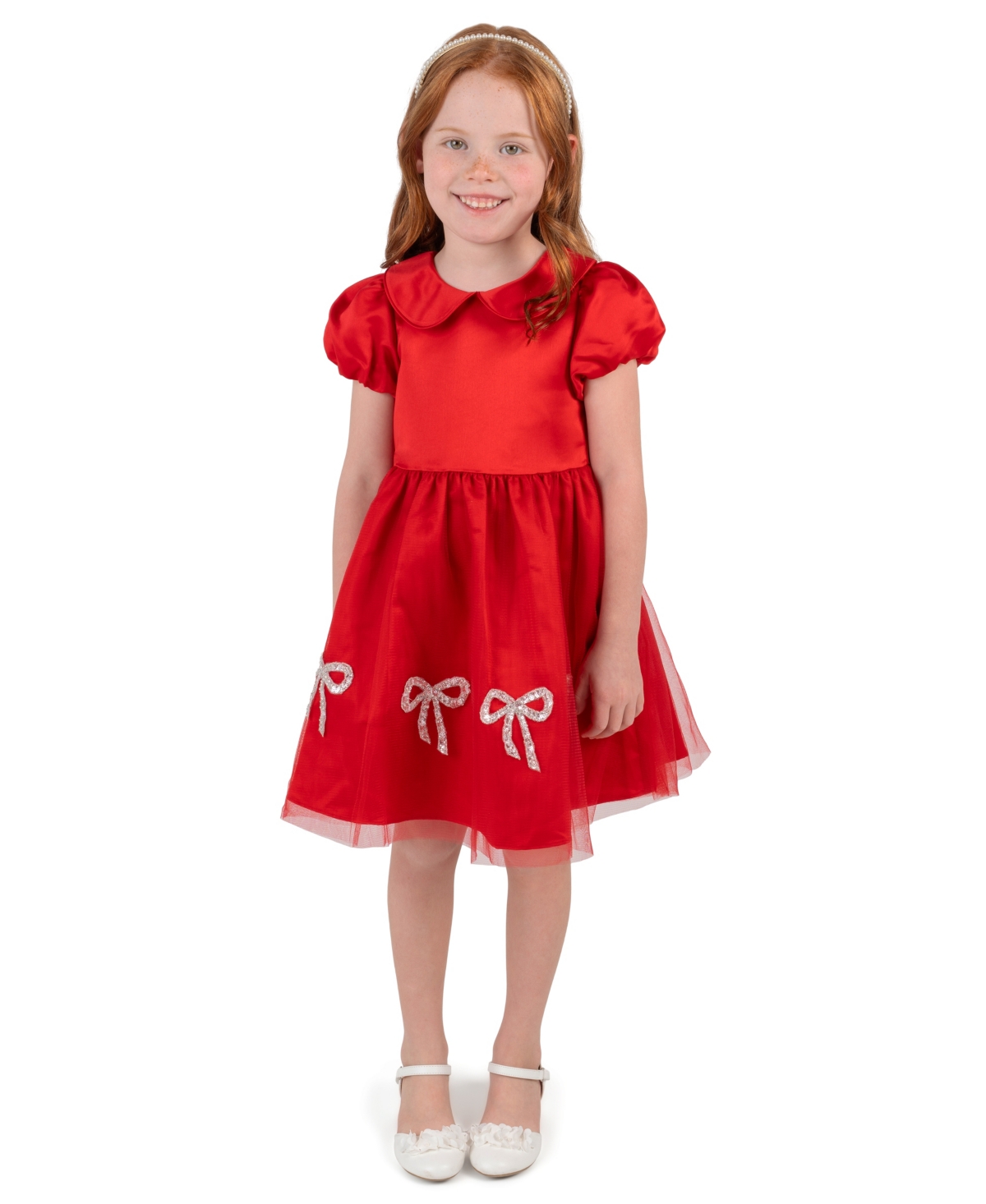 Rare Editions Girls' 4-16 Satin Bodice Mesh Skirt Puff-Sleeve Dress