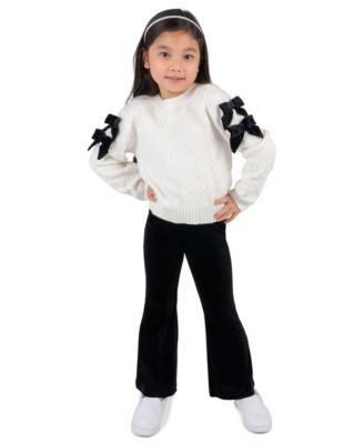 Girls' 4-6X Textured-Knit Velvet-Bow Flared-Leg Top and Pants, 2-Piece Set