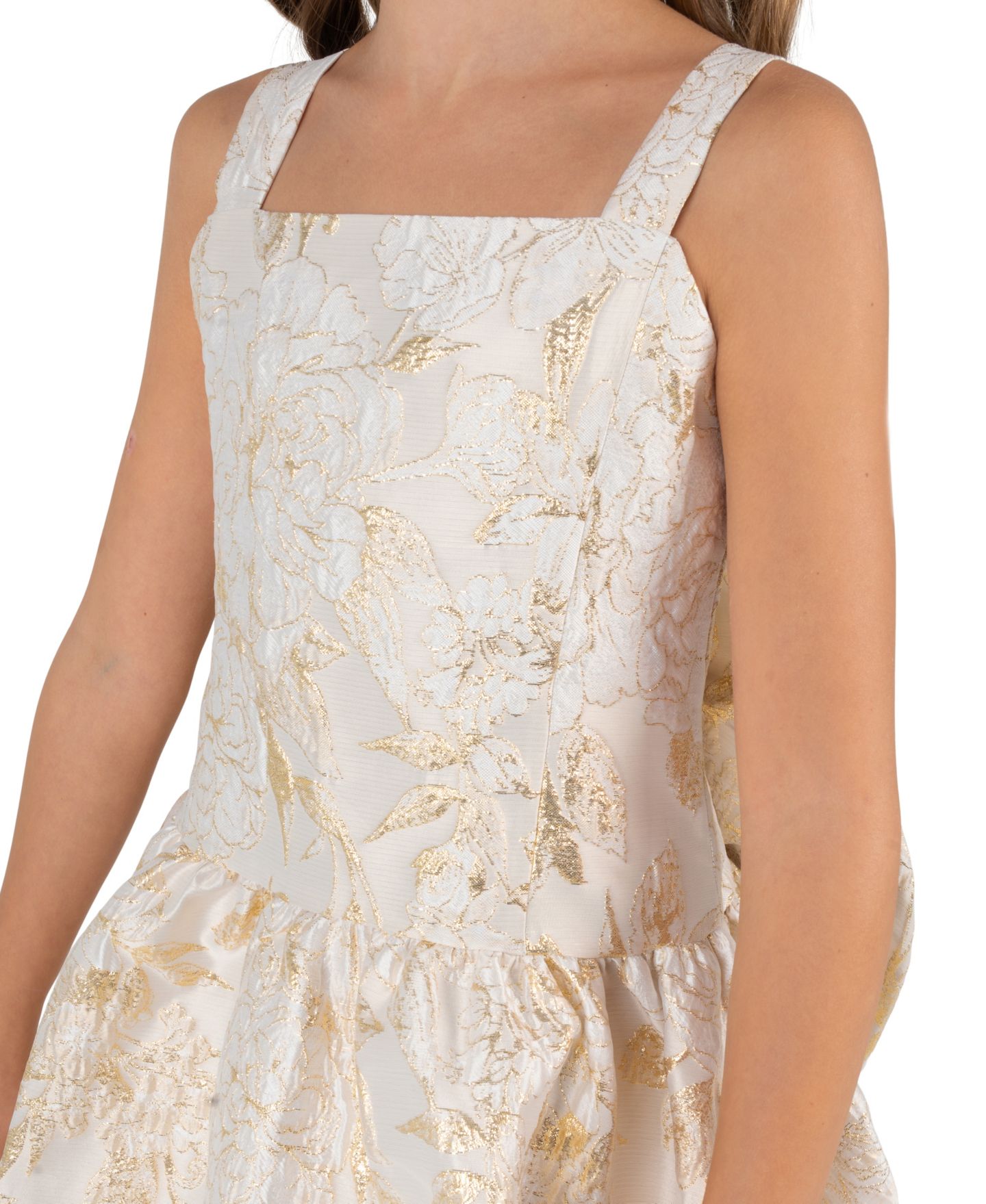 Платье Rare Editions Brocade Princess Bodice Square Neck Fit & Flare Metallic Floral для девочек, цвет: Слоновая кость — фото 3