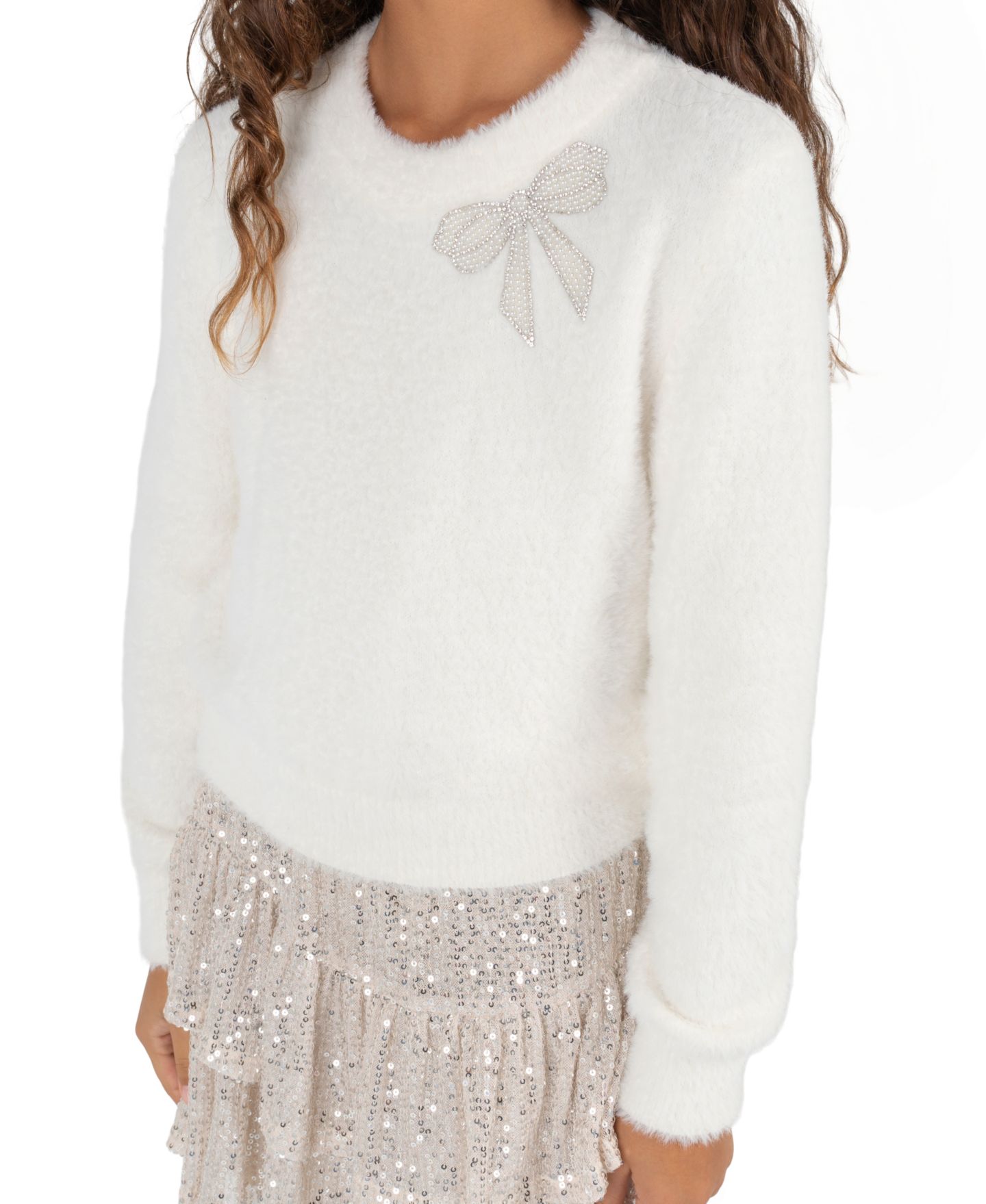 Stella 88 Girls' 7-16 Long-Sleeve Bow-Appliqué Sequin Sweater and Skort, 2-Piece Set, цвет: Слоновая кость — фото 3