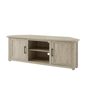 Corner TV stand for 65+ inch TVs in classic wood finish with ample storage space