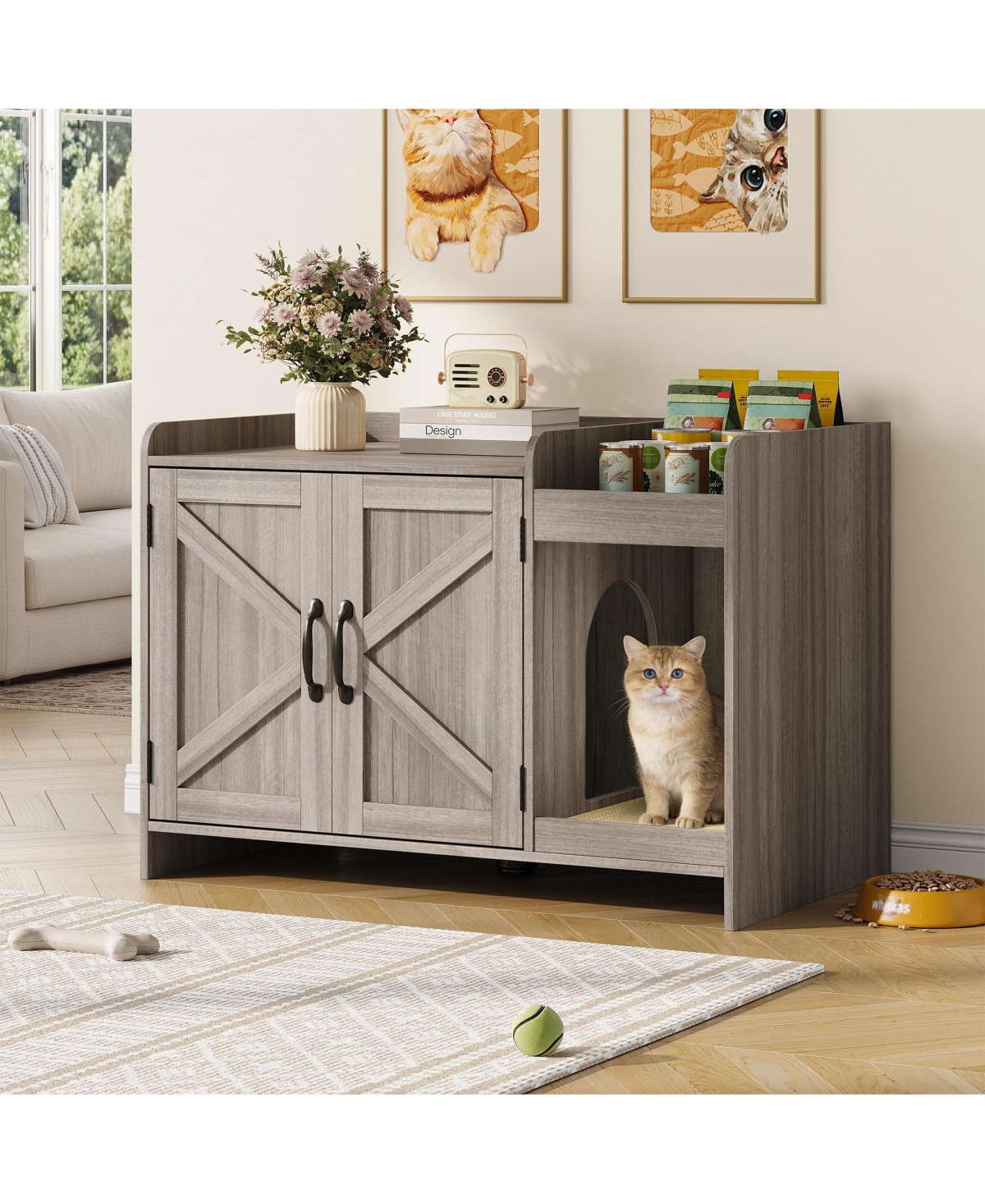 Vabches Cat Litter Box Enclosure, Hidden Litter Box Furniture with Scratch Pad and Storage, Modern Indoor Cat House, Side End Table
