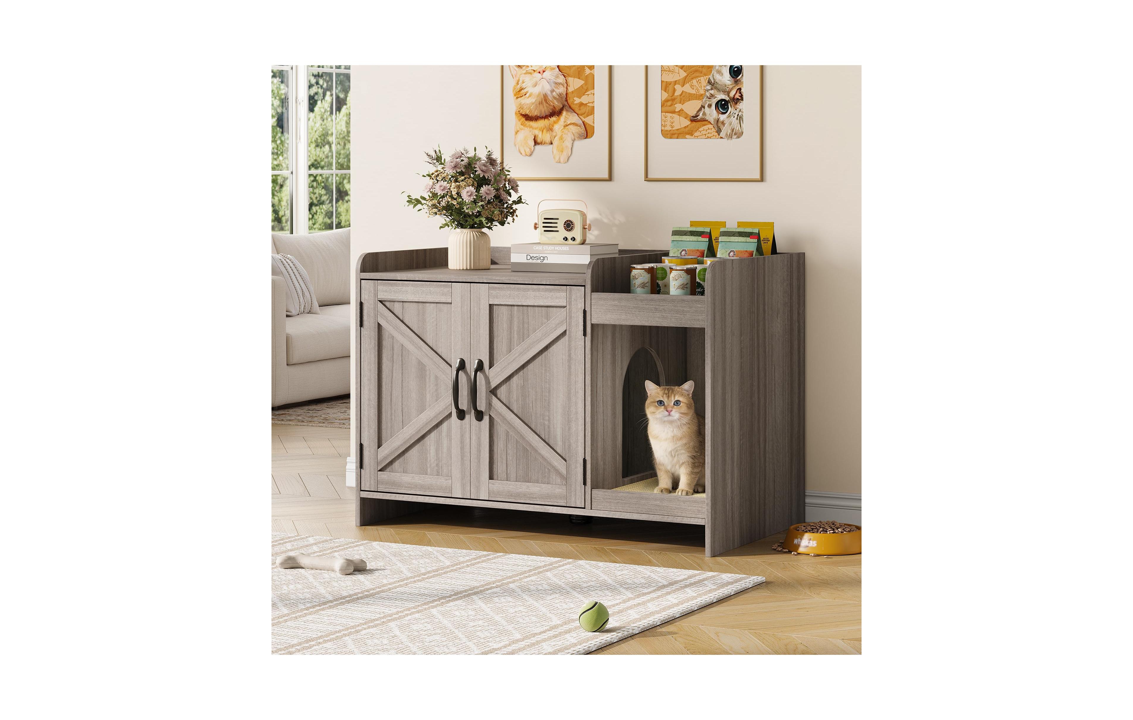 Vabches Cat Litter Box Enclosure, Hidden Litter Box Furniture with Scratch Pad and Storage, Modern Indoor Cat House, Side End Table