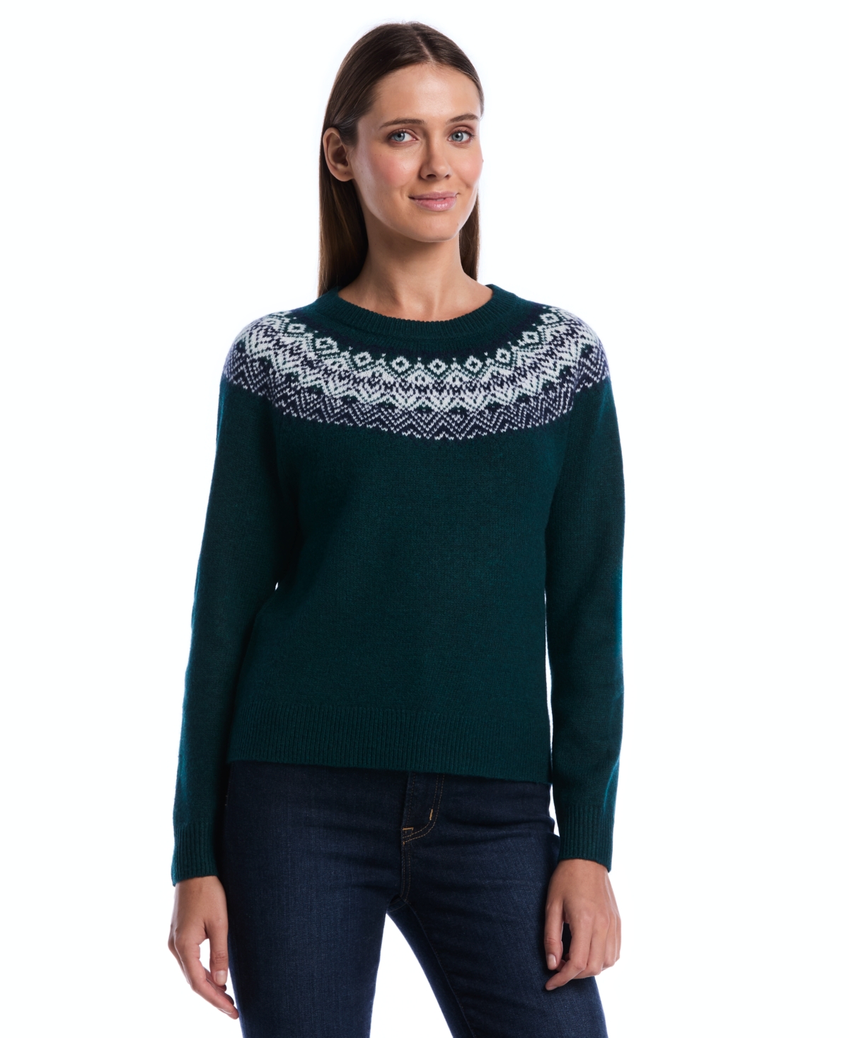 Rafaella Women's Petite Fair Isle Crew Neck Sweater Top in Ponderosa Pine, Size XLP, 100% Polyester