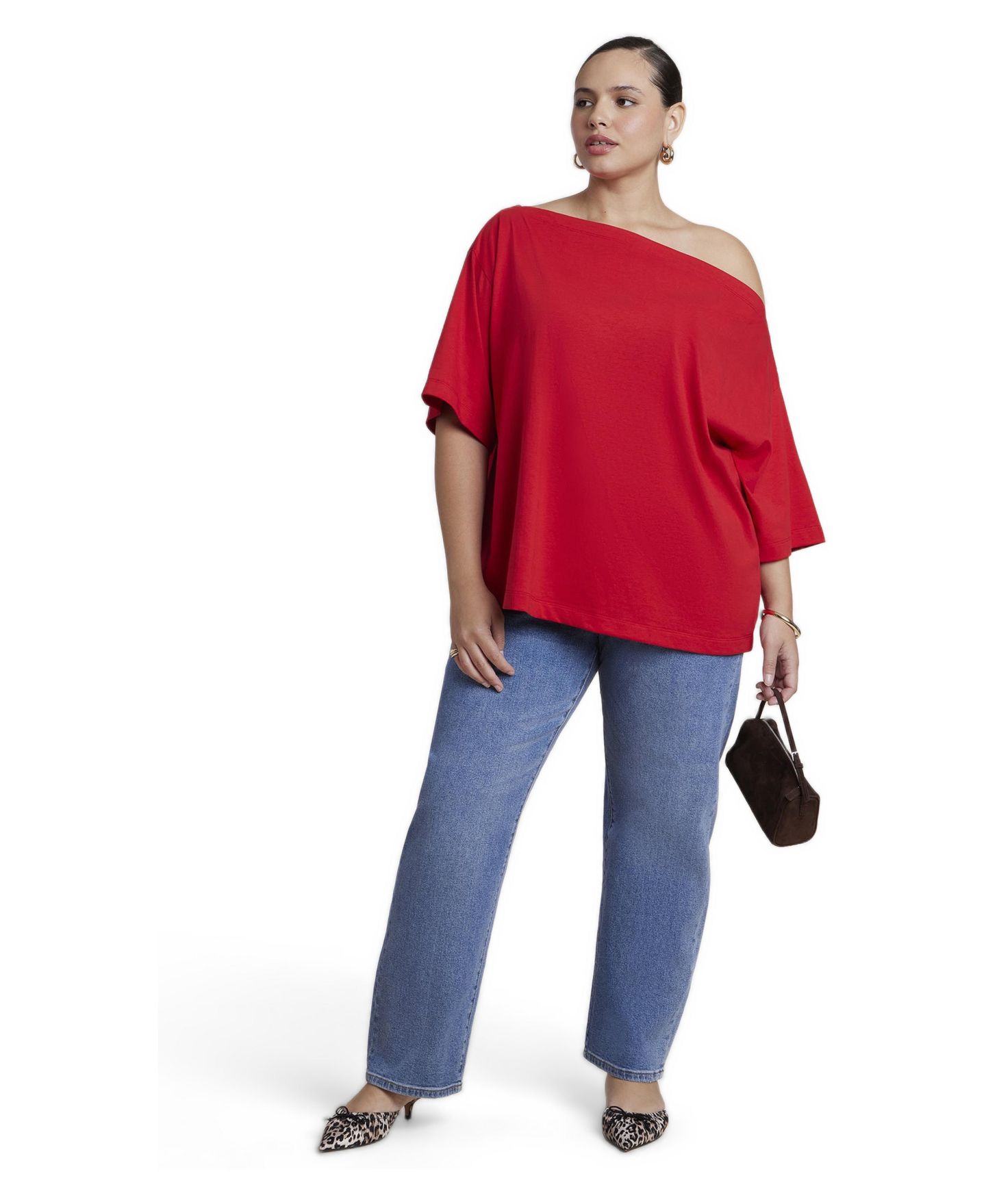 Женская футболка ELOQUII Plus Size Slouchy Oversized Dropped-Shoulder Boat-Neck, цвет: Вишнёвый — фото 2
