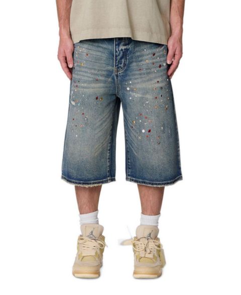 Мужские шорты mnml Ultra Baggy Rhinestone Denim, 14" Inseam, цвет: Средний синий