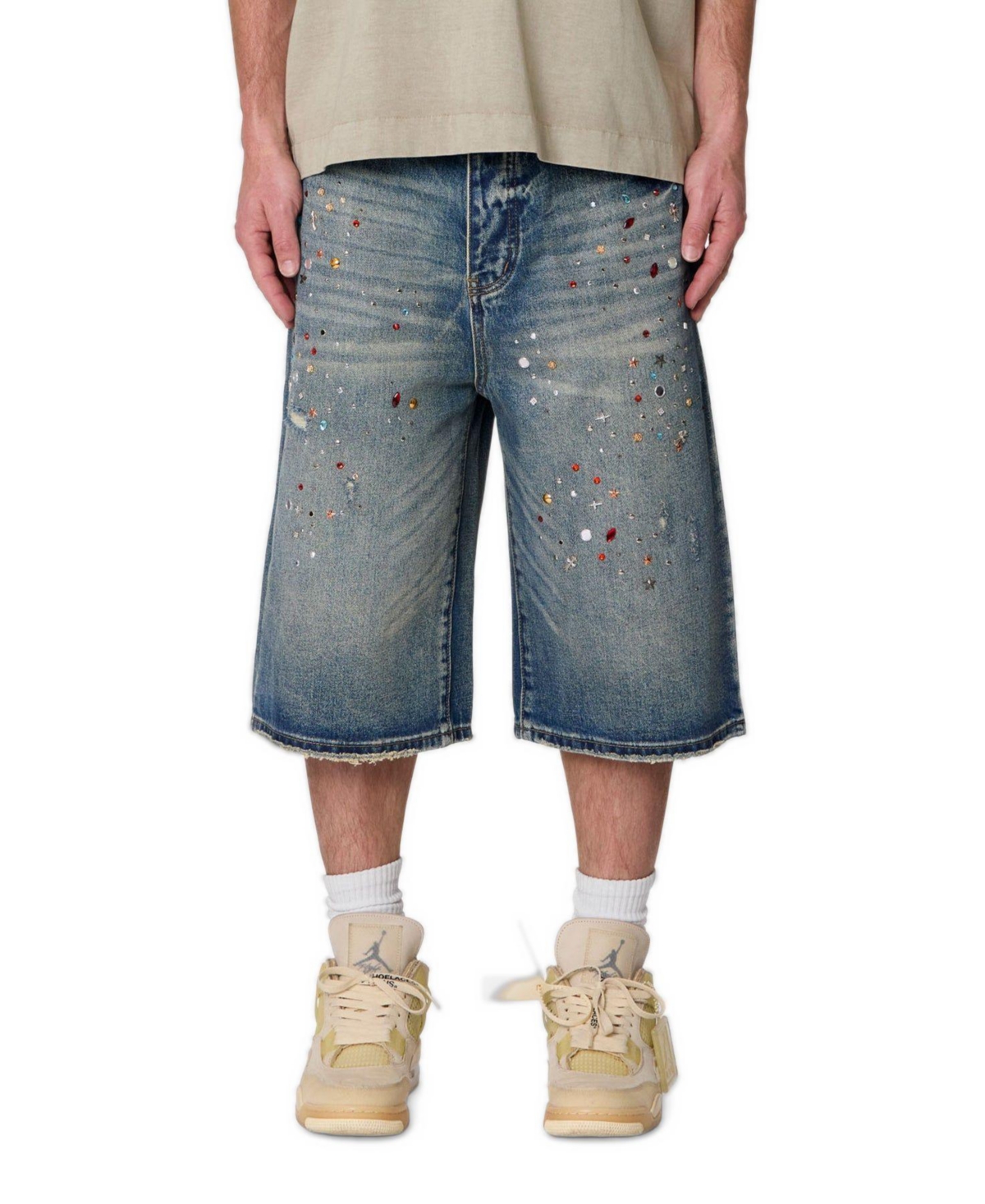 mnml Men's Ultra Baggy Rhinestone Denim Shorts, 14" Inseam - Medium Blue