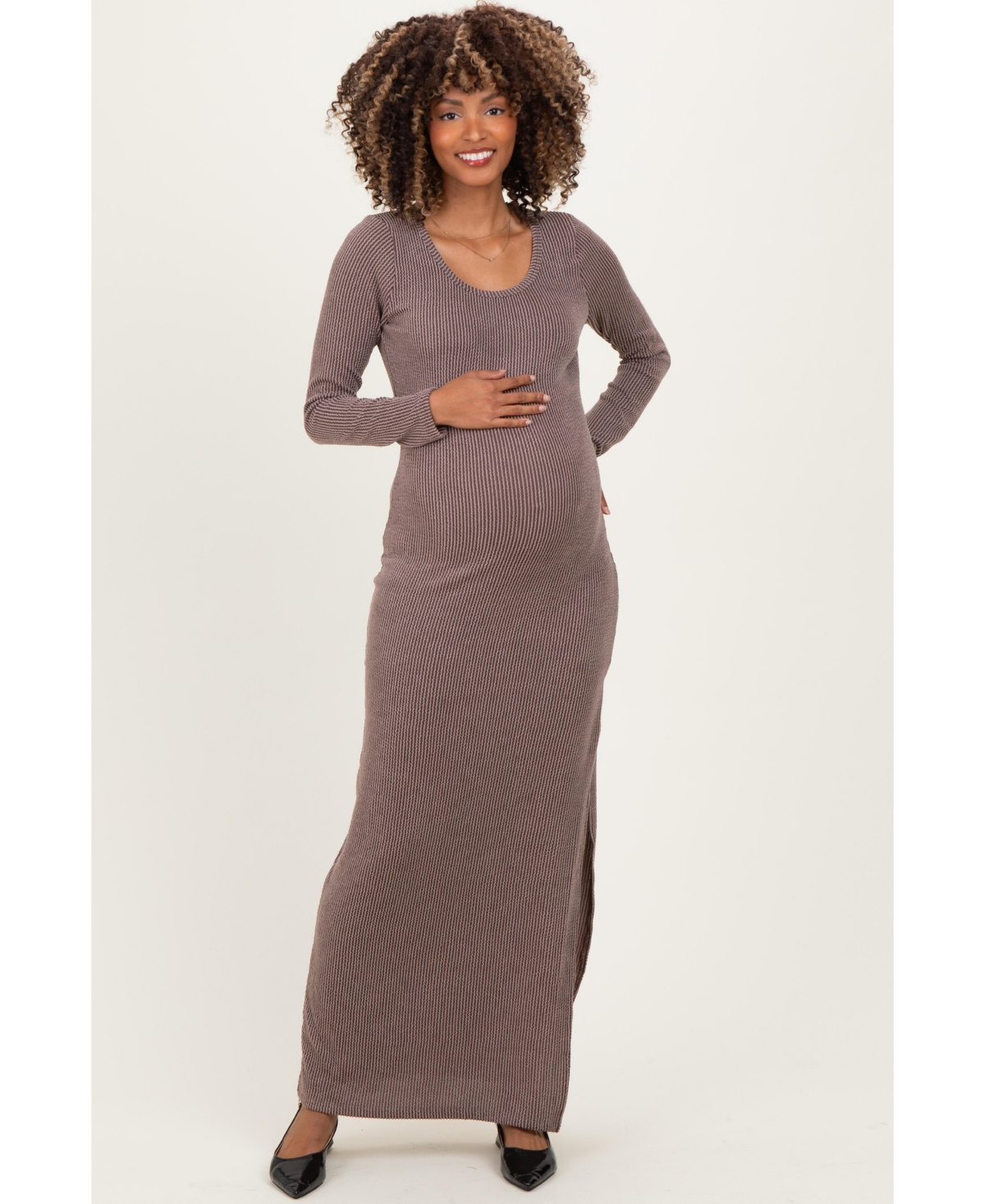 Pinkblush Women's Brown Ribbed Long Sleeve Side Slit Maxi Dress - Brown