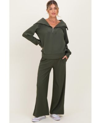 Women's Olive Ribbed Half Zip Pullover Wide Leg Pant Set