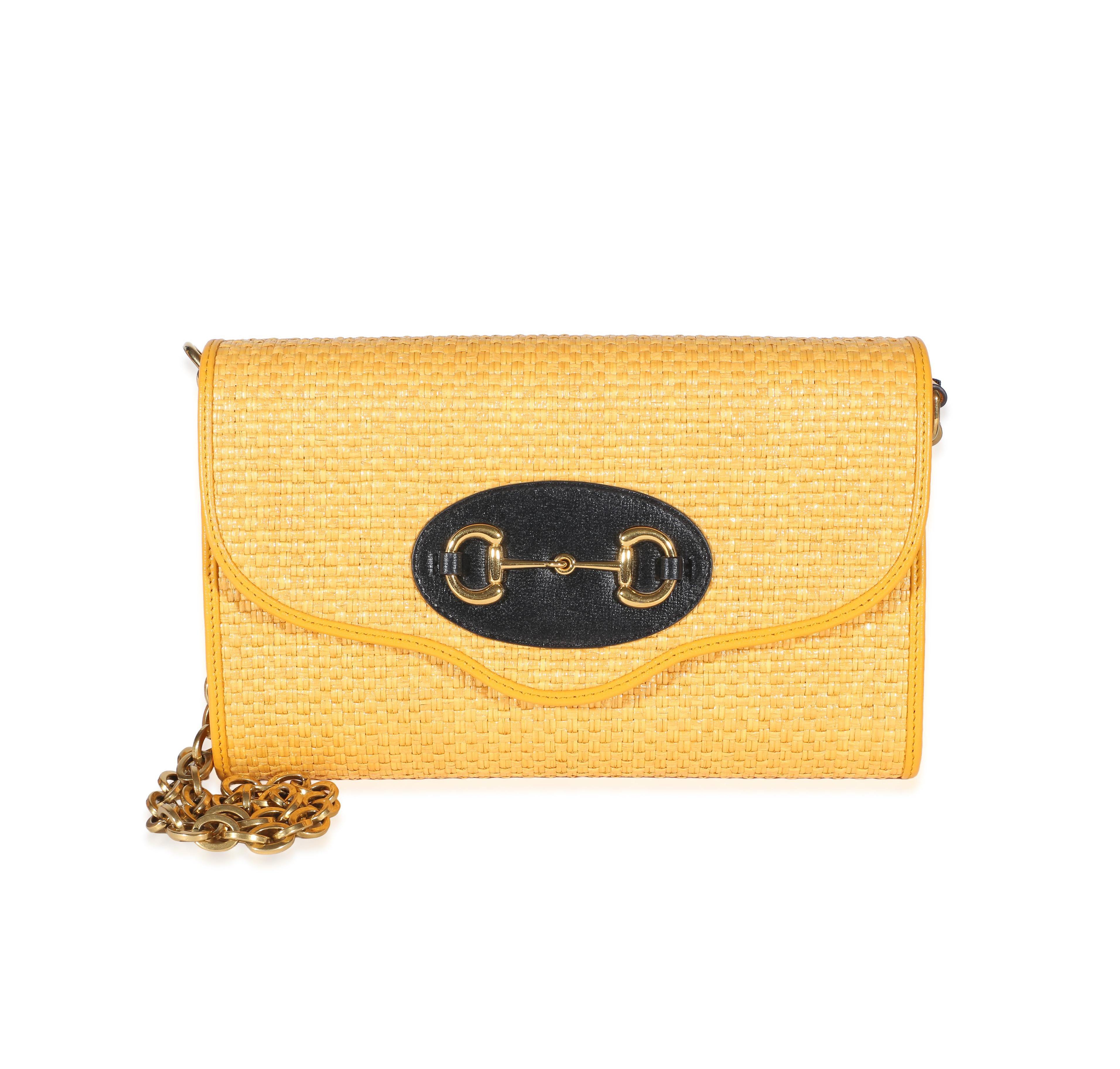 Pre-Owned Gucci Yellow Raffia Azalea Calfskin Small Horsebit 1955 Chain Shoulder Bag