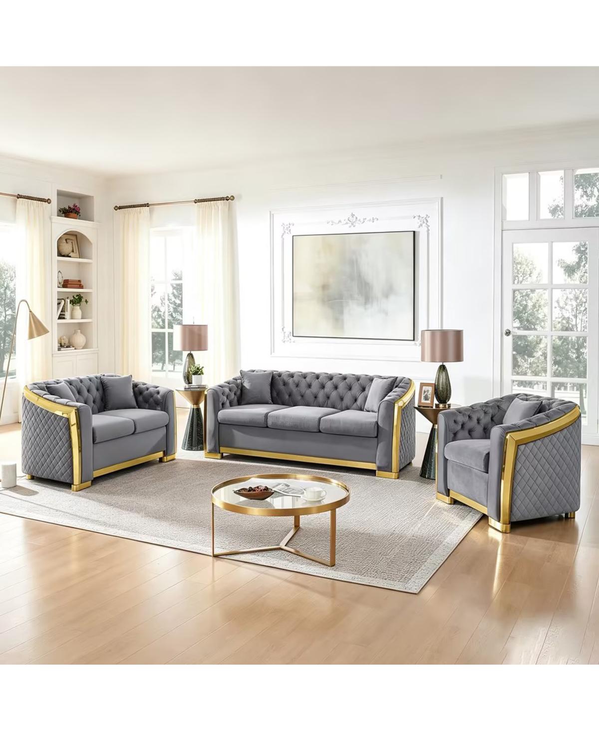 Streamdale Furniture Mid Century Modern Velvet 3-Piece Chesterfield Couch Set with Pillows - Gray