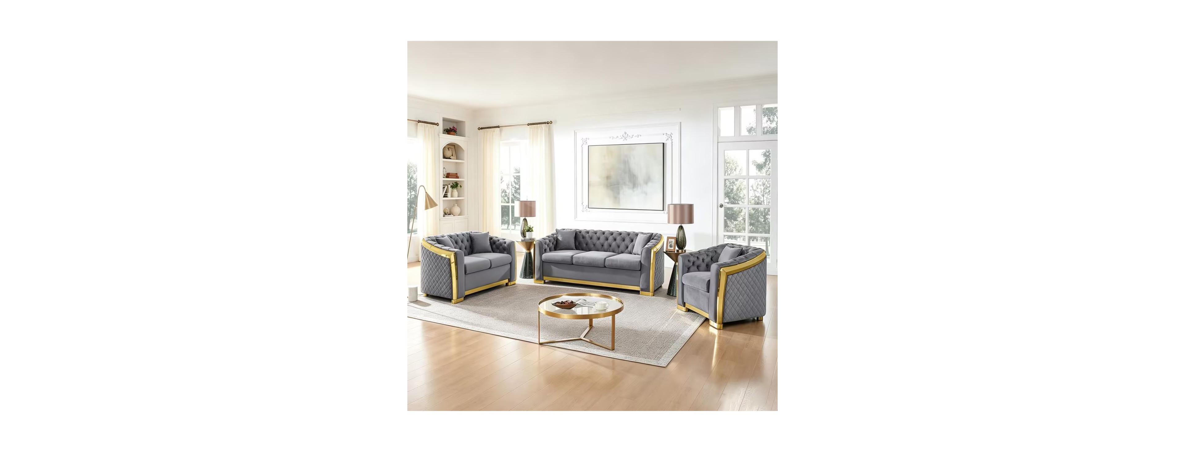 Streamdale Furniture Mid Century Modern Velvet 3-Piece Chesterfield Couch Set with Pillows