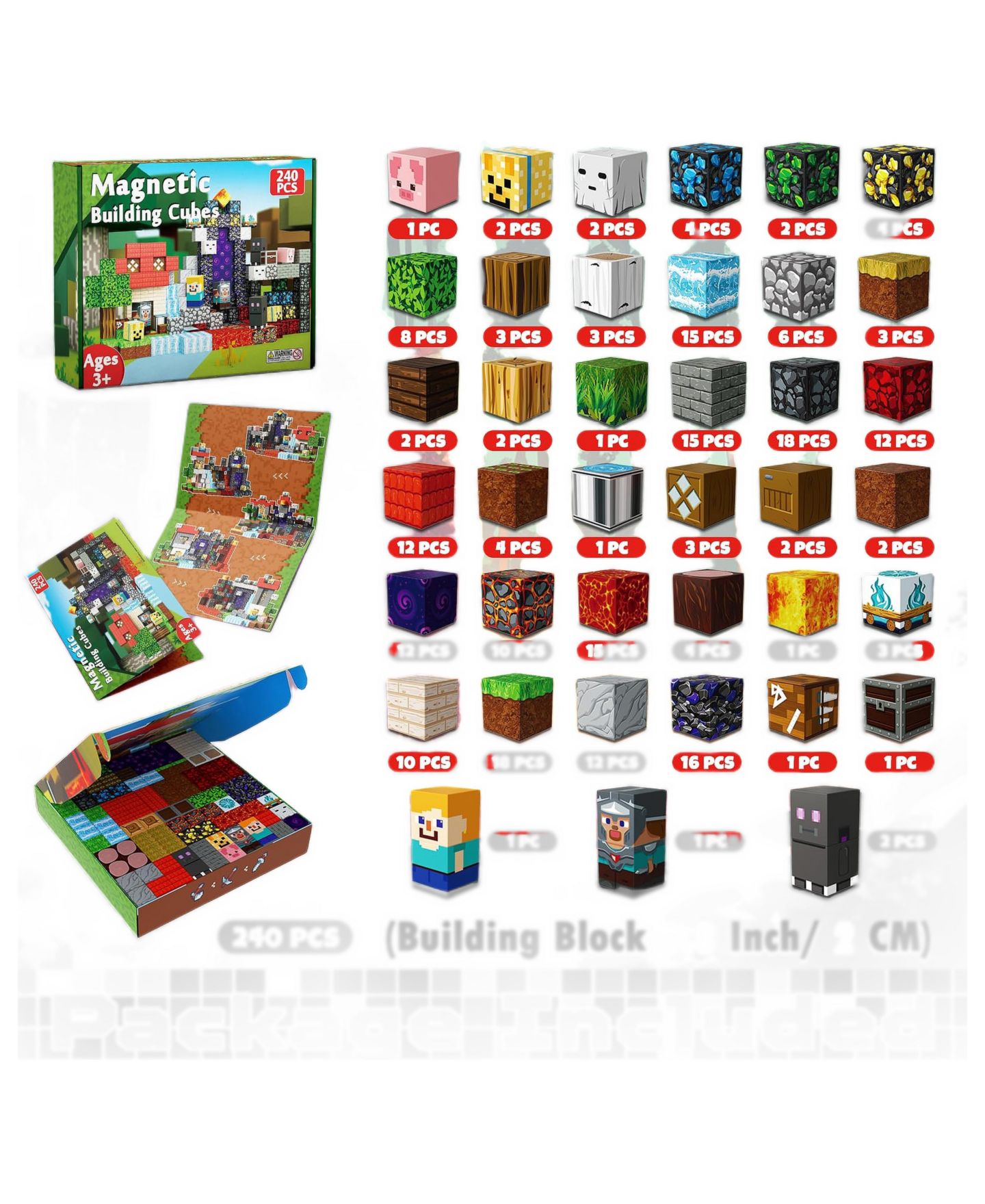 Детские конструкторы GNUADZ Minecraft Magnetic Building Blocks 240-Piece Set, Ages 3-12, цвет: Разноцветный — фото 2