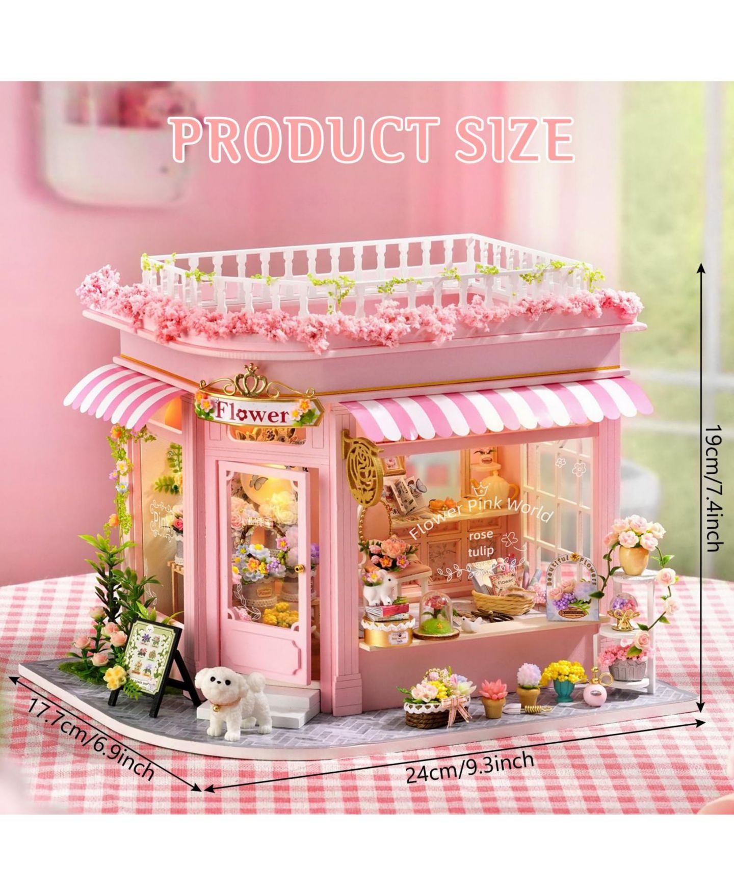 Детские аксессуары для кукол GNUADZ Diy Miniature Dollhouse Kit with LED Lights, 9.3" L x 6.9" W x 7.4" H, Ages 14+, цвет: Розовый — фото 2