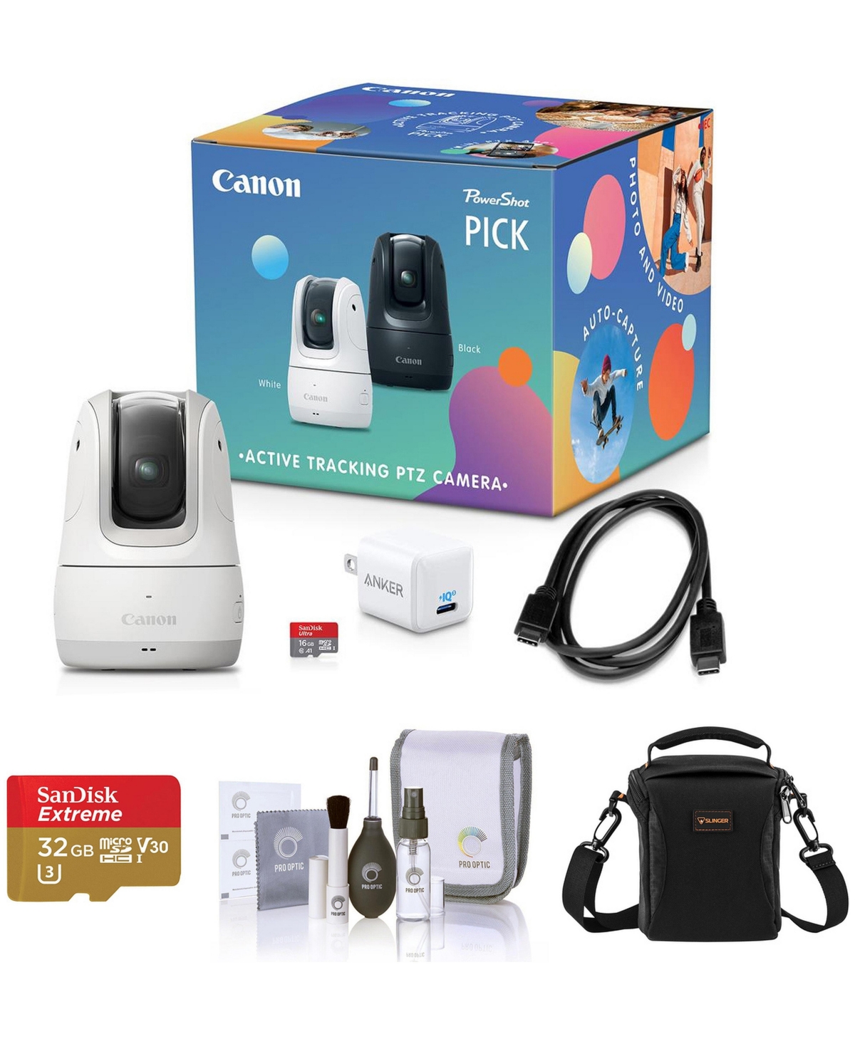 Canon PowerShot Pick 11.7MP Full Hd 3x Zoom Ptz Camera Kit, White Bundle with 32GB microSD Card, Shoulder Bag, Cleaning Kit - White