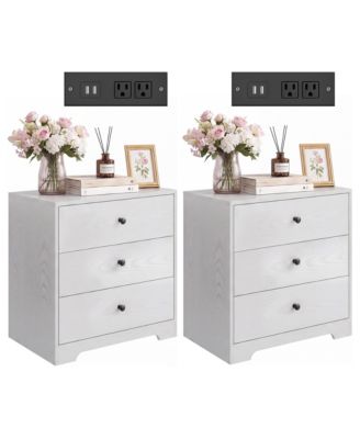 Nightstand with Charging Station, 3 Drawer Night Stand Set of 2