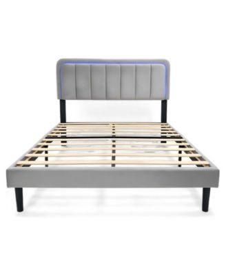 Queen Size Velvet Upholstered Platform Bed Frame, MDF and Metal Structure with LED Light Headboard for Bedroom