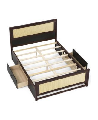 Woven Rattan Bed Frame with Under-Bed Storage Drawers