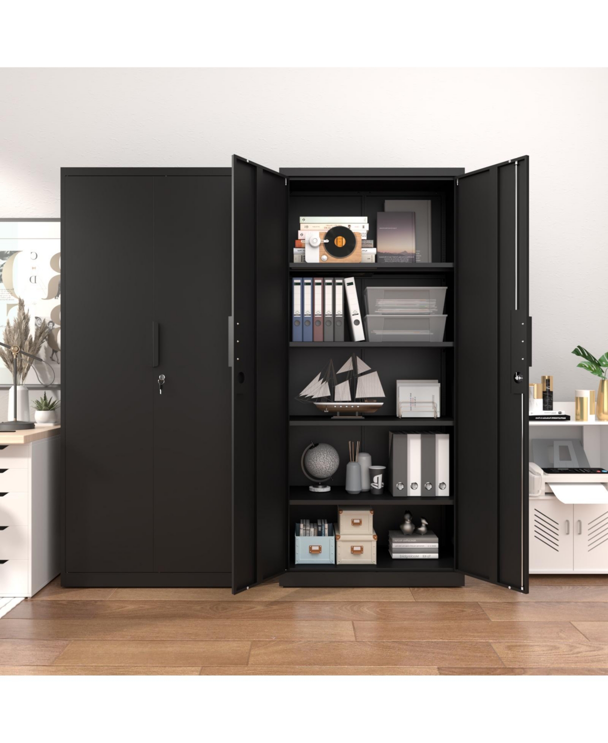 Boyel Living 70.87 Inch Metal Adjustable Shelf Locking Storage Cabinet - Black