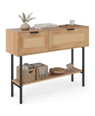 Rattan Console Table with Storage Cabinets and Open Shelf