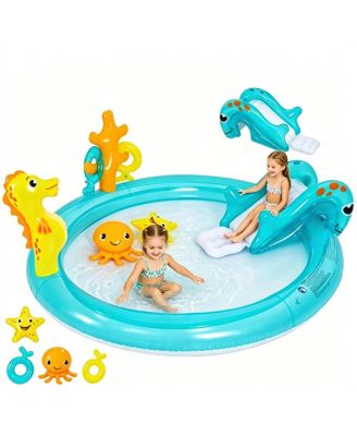 PVC Inflatable Marine Spray Pool with Slide, Seahorse Sprinkler & Ring-Toss Game, Ages 2-6