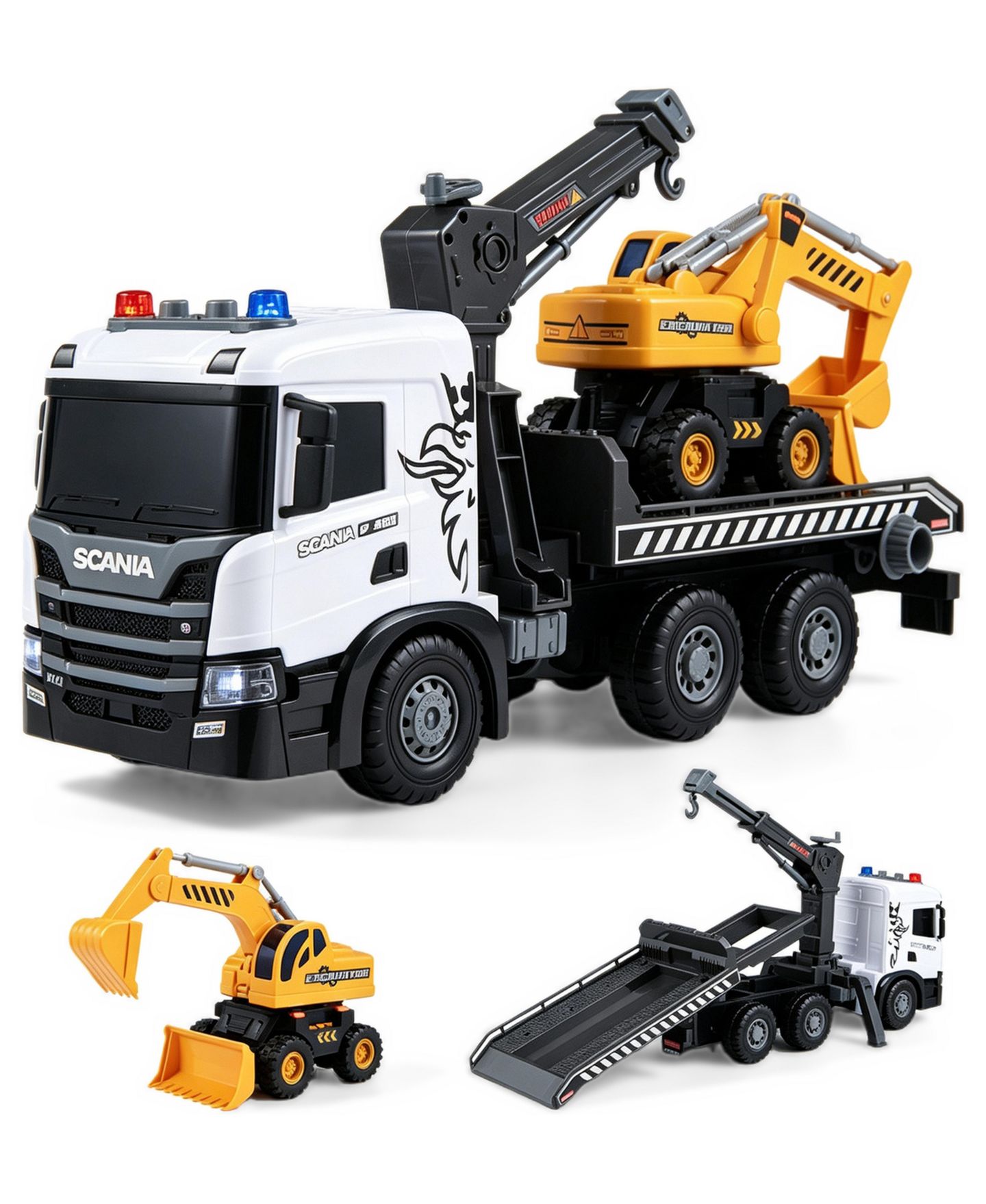 Детские игрушки SEVORLEY Scania Licensed Friction Drive Construction Vehicle Toy Set with Tow Truck and Excavator, 2-Piece Set, цвет: Белый чёрный — фото 1