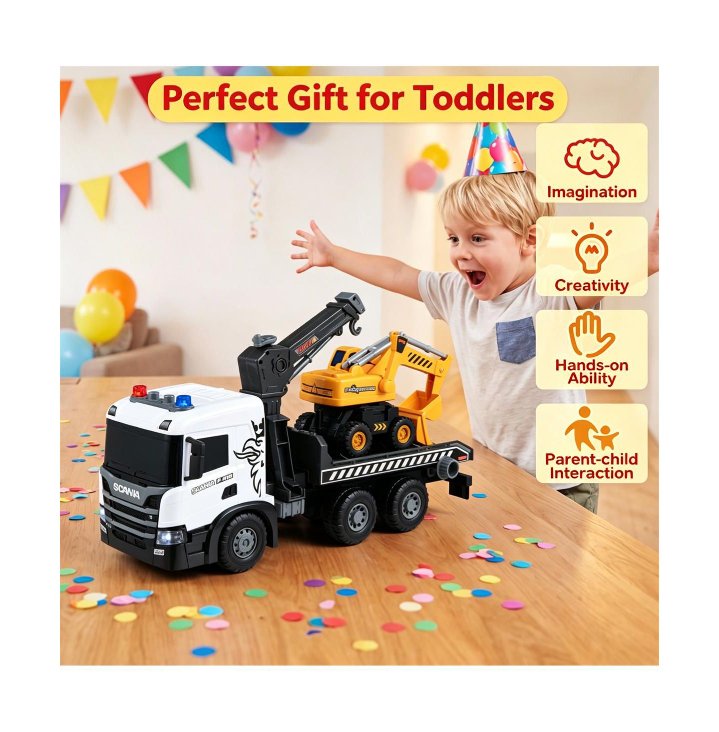 Детские игрушки SEVORLEY Scania Licensed Friction Drive Construction Vehicle Toy Set with Tow Truck and Excavator, 2-Piece Set, цвет: Белый чёрный — фото 9