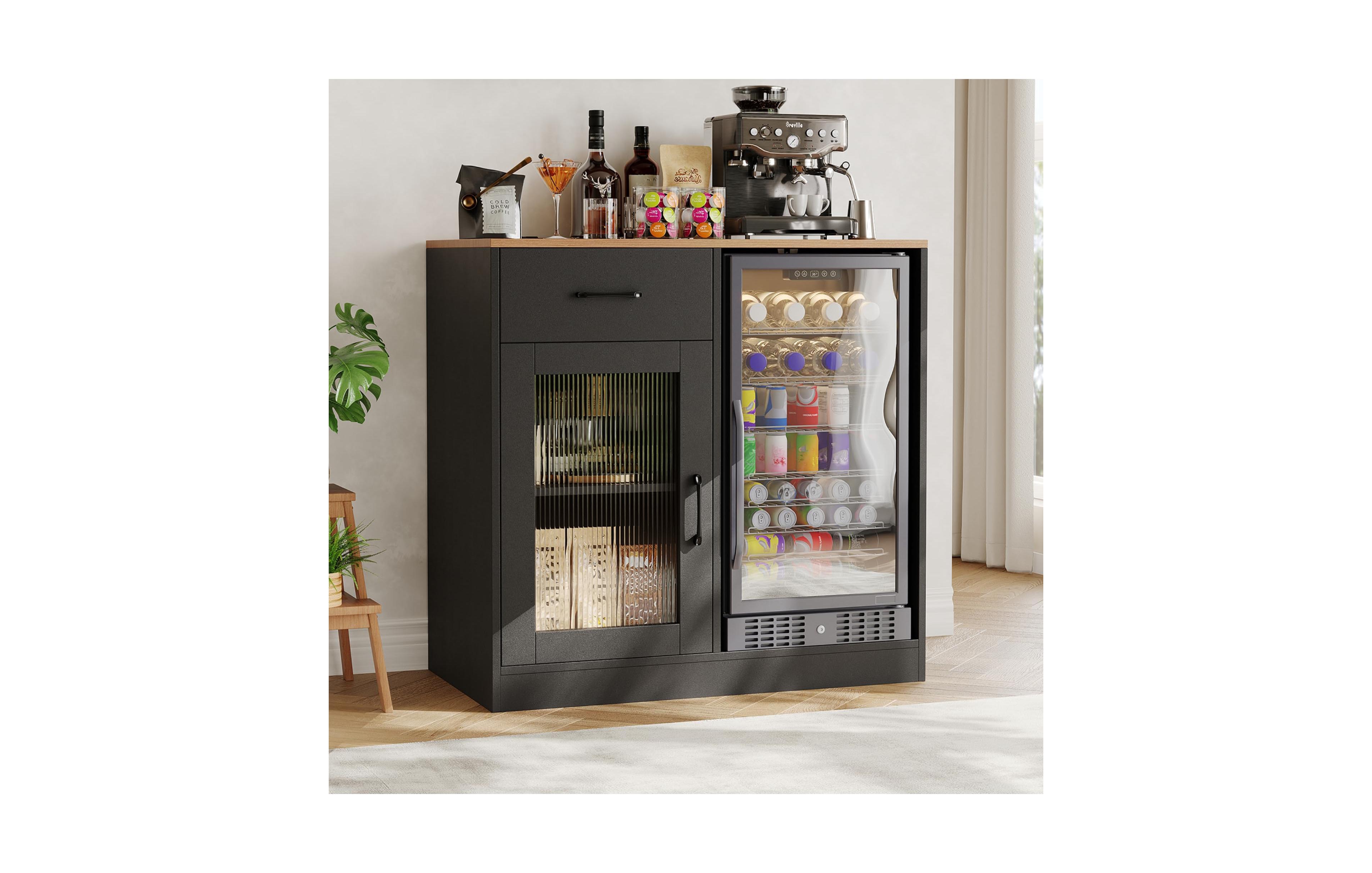 gaomon 39.37 Inch Engineered Wood Wine Bar Cabinet with Mini Fridge Space, Acrylic Doors and Power Hub