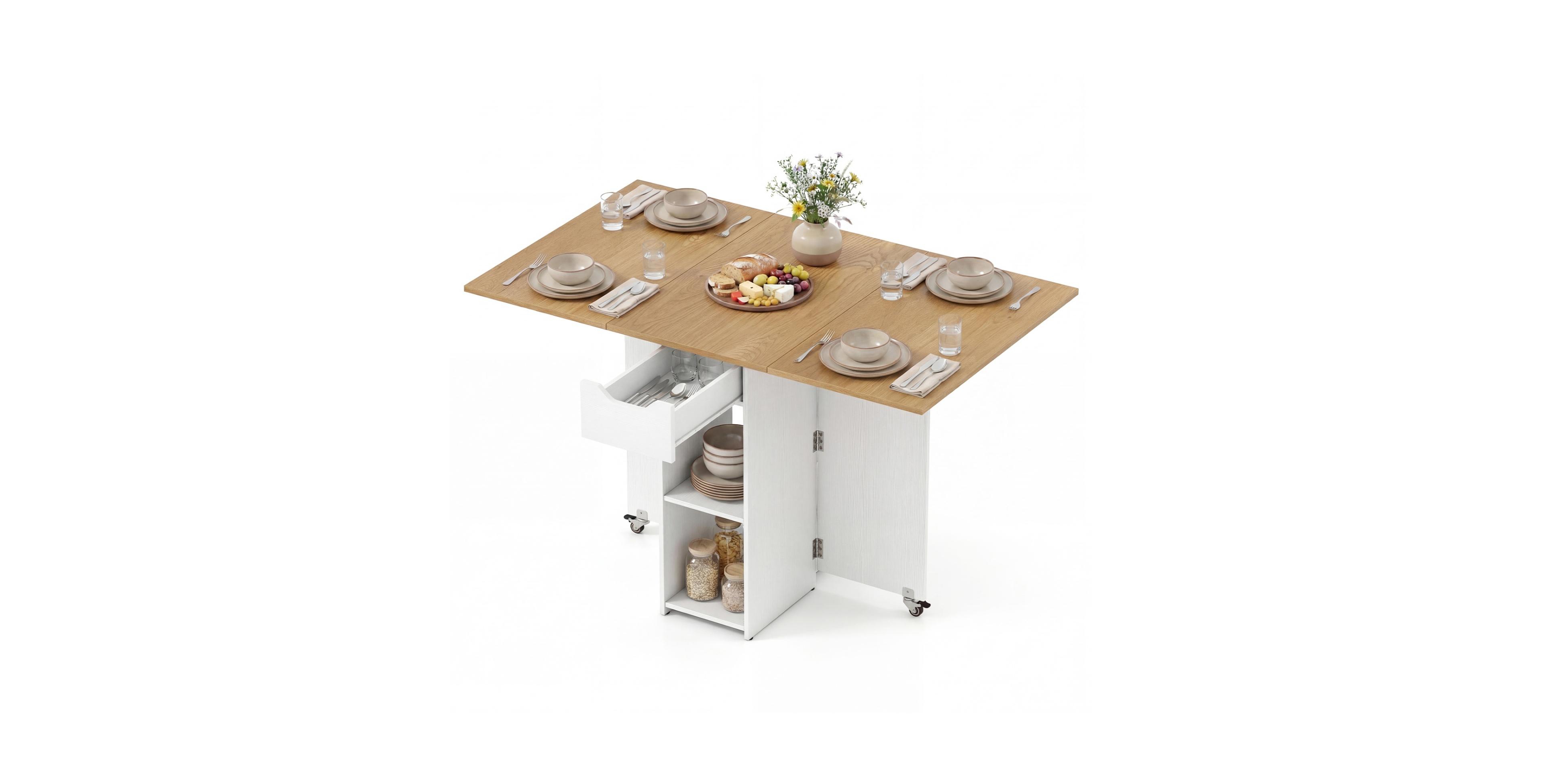 Sugift 47.5in Farmhouse Extendable Wooden Dining Table with Lockable Wheels