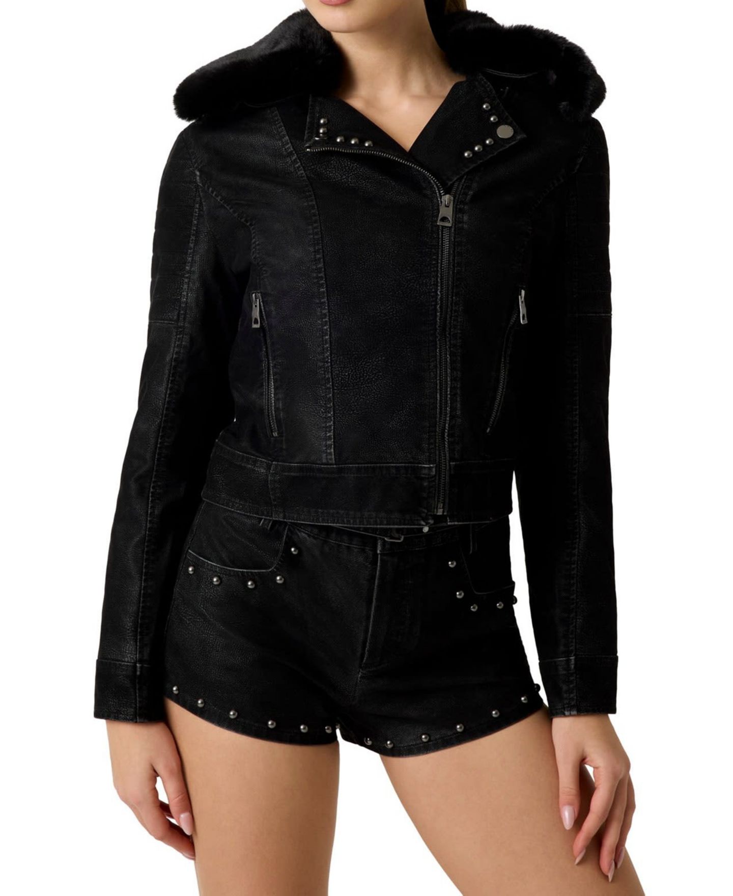 Женская куртка GUESS Darcey Faux Leather Fitted Biker, цвет: Угольно-чёрный — фото 1