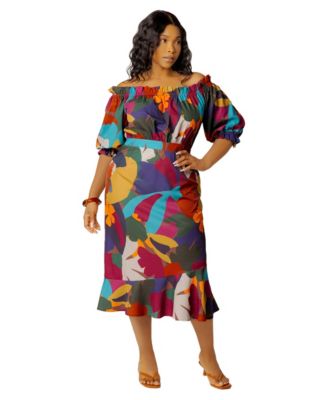 Plus Size Off-the-Shoulder Puff-Sleeve Floral-Print Midi Dress