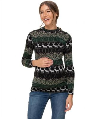 Women's Leaf Crew-Neck Long-Sleeve Sweater-Knit Top